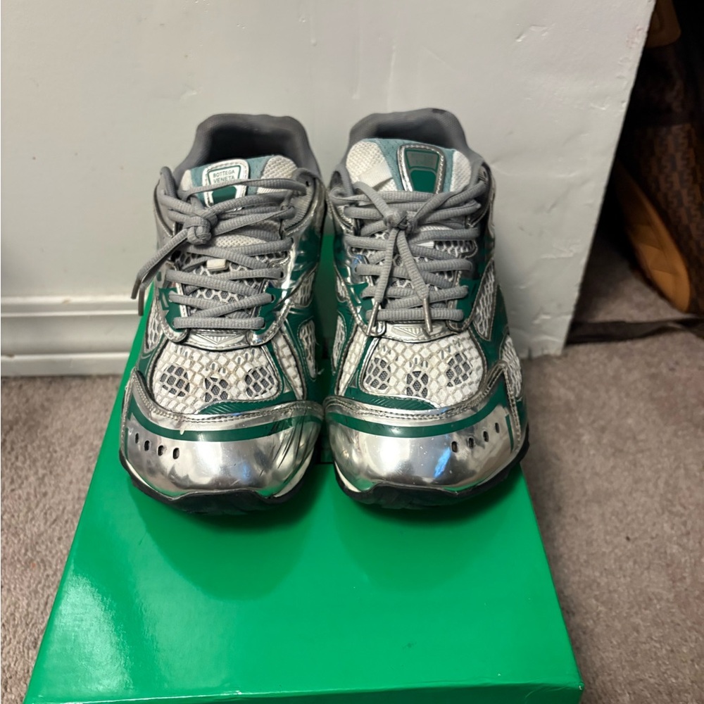 * Unisex* Bottega Veneta Silver and Green Athletic Shoes